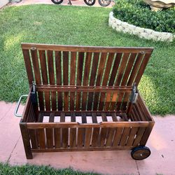 IKEA Real Wood APPLARO Outdoor Storage Bench With Wheels and Metal Handle…52” Wide By 22” Height By 22.5” Deep…In Fair Condition… See All Pictures…$75