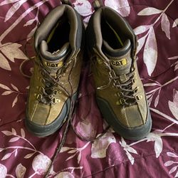 CAT Brown Leather Lace Up Work Boots Ankle Men's Solid Round Toe