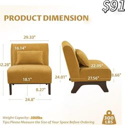 😁 1Pcs Armless Accent Chair,Modern Comfy Living Room Chairs with Wooden Legs& Pillows,Lounge Sofa Side Chair for Bedroom Farmhouse Reading, Yellow