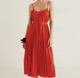Sam Edelman Hammered Satin Plissé Dress Red/Coral Tie Waist Pleated