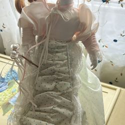 Vintage Porcelain Doll – Light Brown/Blonde Hair, Blue Eyes, Victorian-Style Gown
