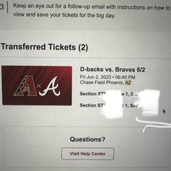 2 DiamondBacks suite Tickets + Parking  Vs Braves 