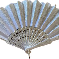 Wedding-Folding Hand Fan White w/Silver Color Glitter open size 16.5x9"