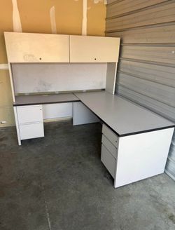 Action L-Shaped Office Desk Workstation w/ Hutch & File Drawers