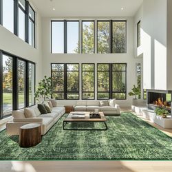 9x12 XL Nonslip Low Pile Machine Washable Area Rug, Dark Green, NEW