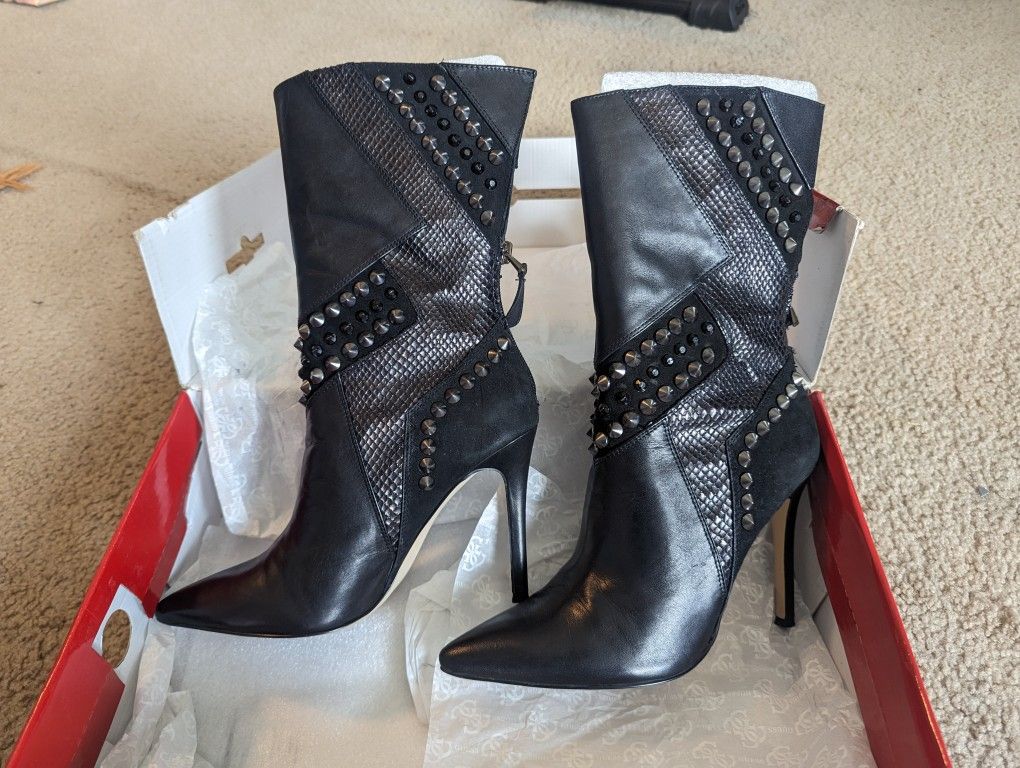 Guess Gwnyx Black Studded Leather Zip Up Ankle Boots 