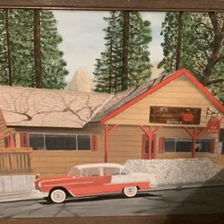FRAMED PAINTING OF 55 CHEVY ON CANVAS.