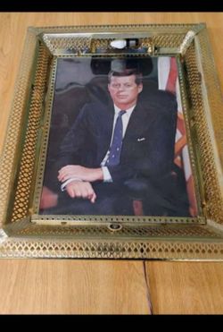 JFK Portrait in Ornate Lattice Gold  Colored Frame with light