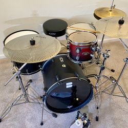 Compact drum set 18” bass Remo Mastertouch piccolo snare 10”PDP FS birch tom DDRUM Diablo 15” floor DW6000 low profile hihat PDP throne bass pedal $33