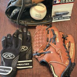Youth Baseball Gloves, Baseball, and Eye Black Stick (Glove Sizes in Description)