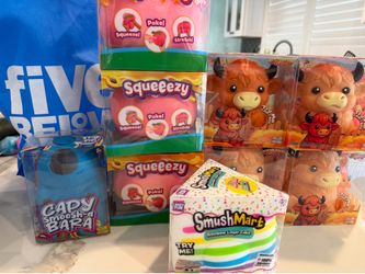 Highland cow, squeezy peach, smushmart cake, capybara