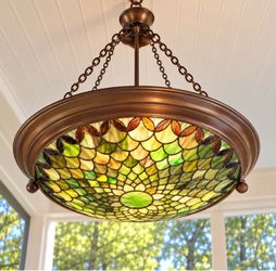 Vintage-Style Tiffany Hanging Pendant Chandelier – Durable Non-Glass Green Mosaic – 20”
