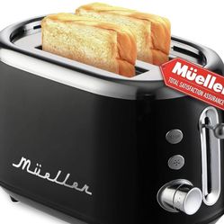 MUELLER HOME Retro Toaster 2 Slice, 7 Browning Levels, 3 Functions (Reheat, Defrost, Cancel), Stainless Steel Features, Removable Crumb Tray, Under Ba