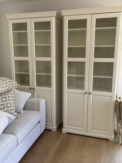 IKEA Hemnes White Bookcases with Glass Doors & TV stand – Set of 2