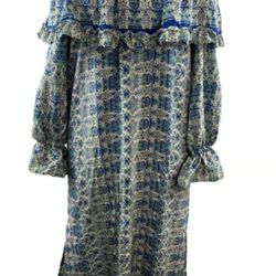 Kristinit Off The Shoulder Silk Dress Balloon Sleeve Flounce Neck Ruffles Sz XS
