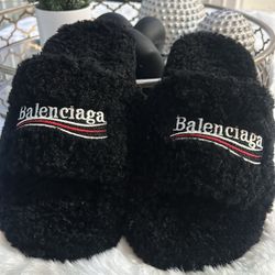 Black Balenciaga Faux Fur Slides