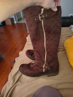 Brown and Gold Accent Suede Knee-High Boots