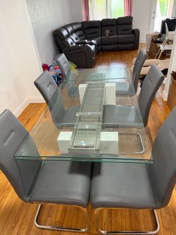 Modern Glass Dining Table with 6 Grey Chairs