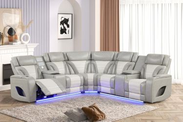 Elegant look 2 tone grey power reclining sectional w/surround sound & Led light