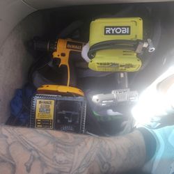 DeWalt Drill And Battery Charger And Ryobi Air Pumb And Battery