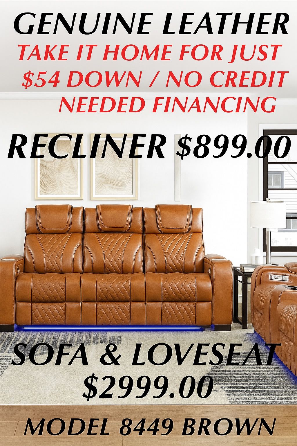 Genuine Leather Power Reclining Sofa And Love Seat 