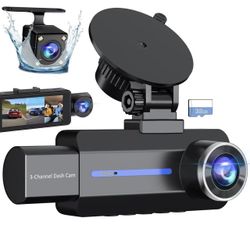 Triple Car Camera with 32GB Card, 3 Channel Dash Camera for Cars, G-Sensor, 3.16” IPS Screen, 24Hr Parking, 170°Wide Angle, Loop Recording, IR Night V