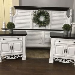 💙 farmhouse bedroom set dresser 2 two nightstands headboard bedside end table night stands drawers boho