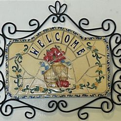Large Hand-Painted Welcome Plaque - Ceramic, Wrought Iron
