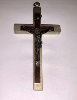 Vintage Italy Brown Enamel Crucifix Cross Pendant Catholic Silver Tone 3.5”