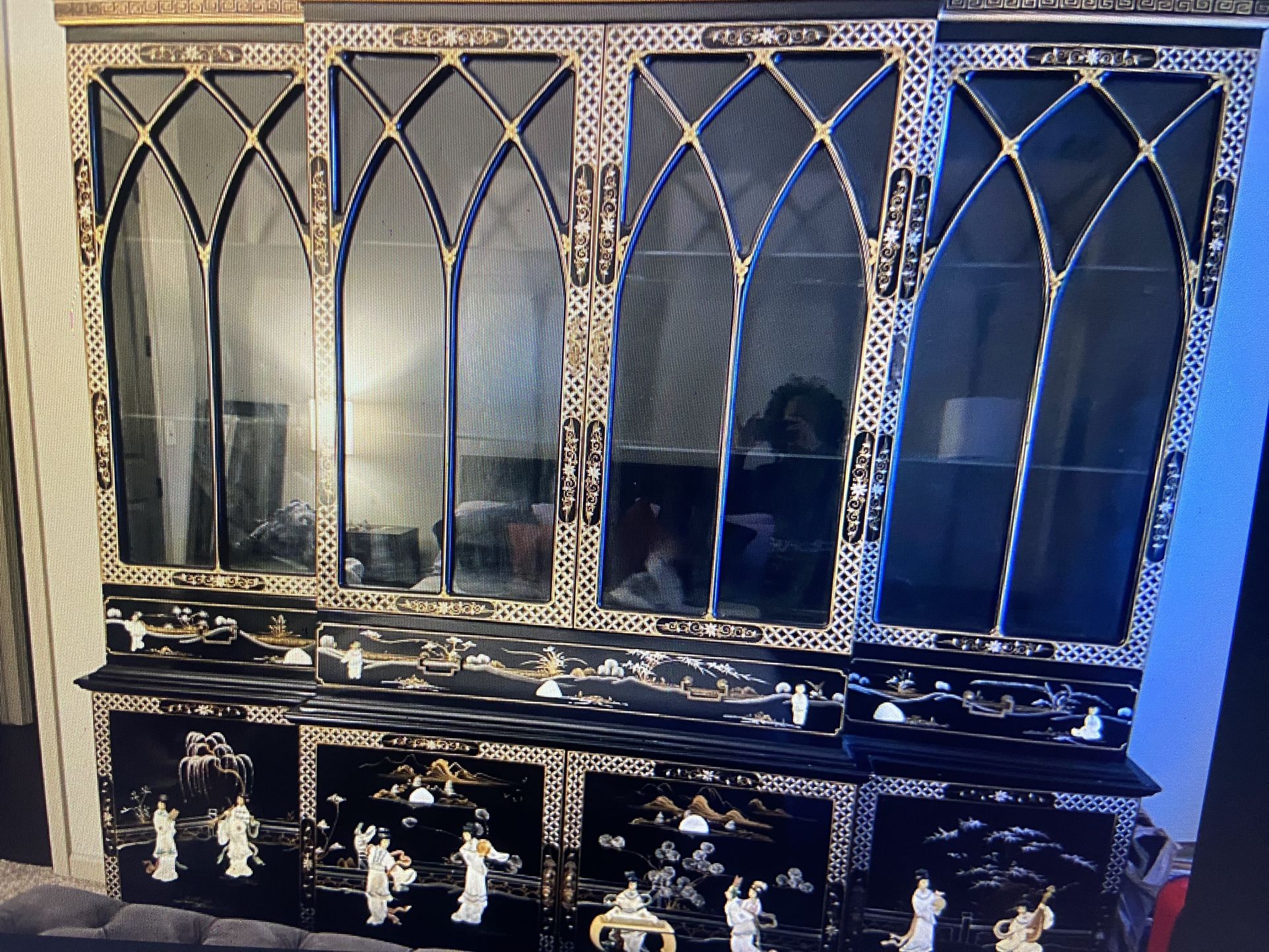 83” Beautiful Black Chinoiserie China Cabinet