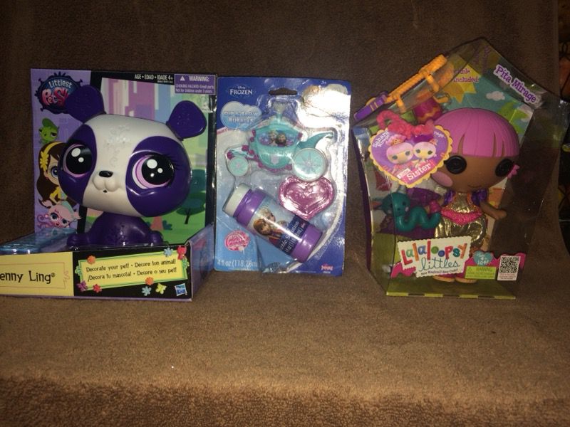 Lot of 3 Toys - Littlest Pet Shop Penny Ling, Disney Frozen Dip and Blow Bubbles and Lalaloopsy Littles Doll