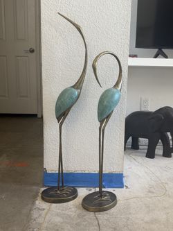 Antiqued Brass Crane Song Statues - Set of 2
