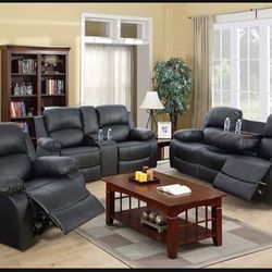 Black Leather Recliner Set Include Sofa, Loveseat And Chair New In Sealed Packaging 