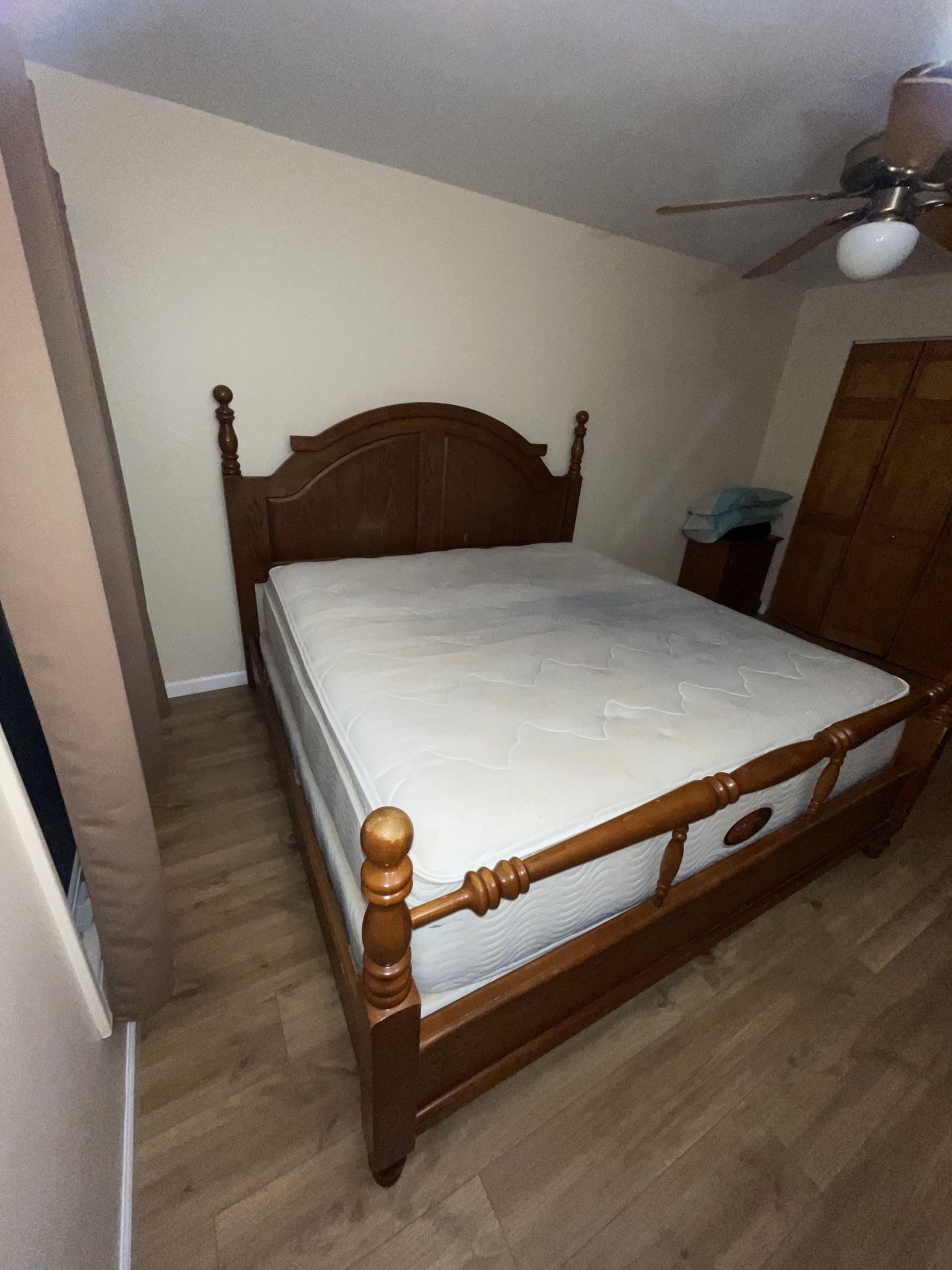 Full King size Bed With Mattress, Wardrobe with shelves and drawers, Nightstand