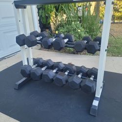  Rubber Hex Dumbbell Set: 5 - 35 With Weight Rack