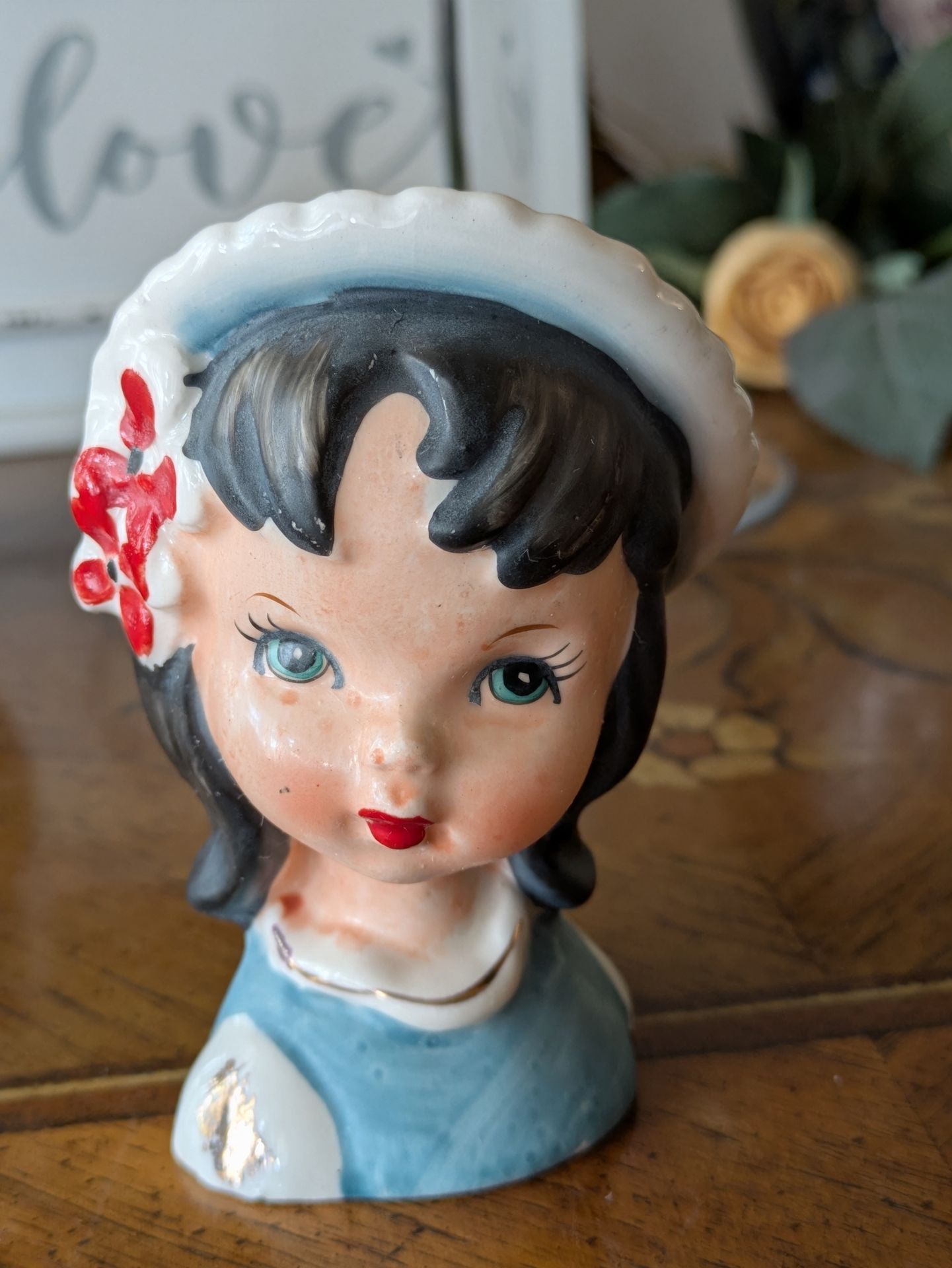 Vintage Mid Century Hand Painted Porcelain China Girl Head Vase~4" Tall