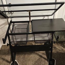 "All Metal & Glass" Computer/Drafting Table with compartments for storage & holder for cups or pencils, rulers, brushes, etc.