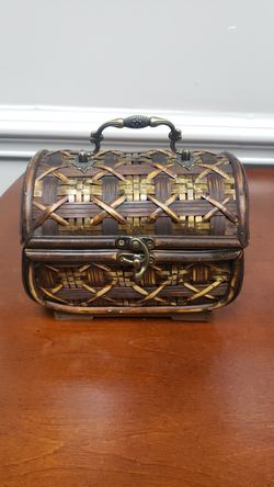 Artsy vintage Bamboo decor box metal clasp and hinges great valentine's day gift