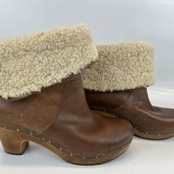 UGG Lynnea Boot Sz 10 Brown Leather Clog Foldover Sherpa Lined Good
