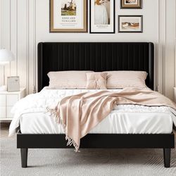 Black  Full Size Velvet Bed Frame with Vertical Channel Tufted Wingback Headboard, Upholstered Platform Bed with Wood Slats, No Box Spring Needed 