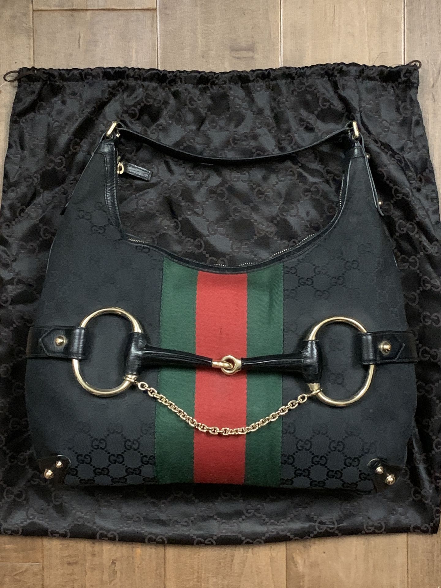 GUCCI Monogram Large Horsebit Web Hobo Black Bag (131026-2684)