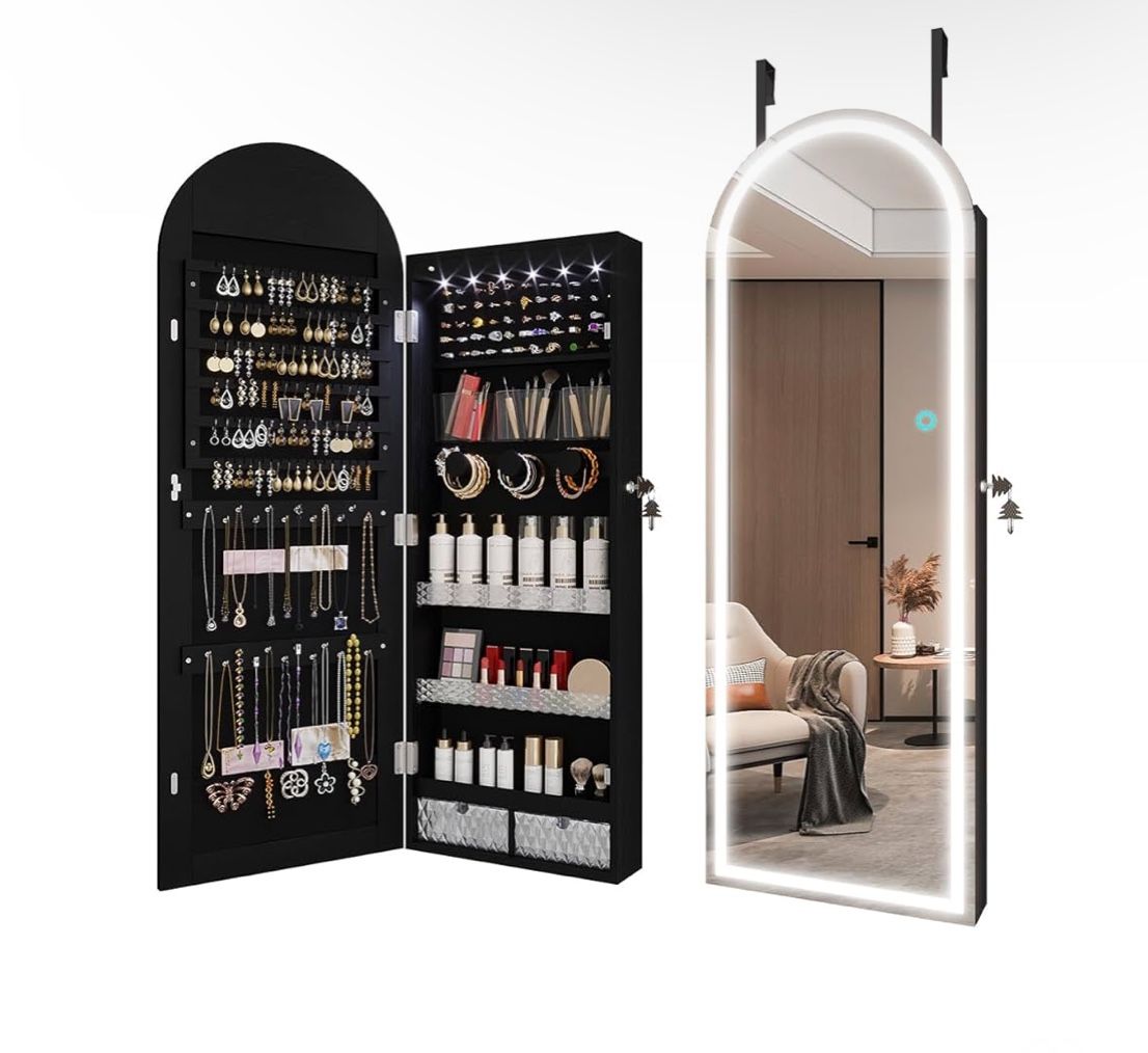 LVSOMT Arched Lighted Mirror Jewelry Cabinet, Wall/Door Mount Jewelry Armoire Organizer with Lights, Full Length Mirror with Jewelry Storage