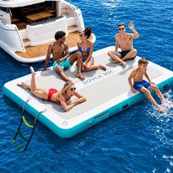 SUYOCHIC 8FT x 6FT Inflatable Dock features a grey EVA non-slip surface and teal accents for water recreation