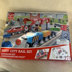Hape Wooden Busy City Train Rail Set| 51 PCs Pretend Play Railway Set for Kids Age 3Y+