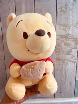 MINISO Disney Winnie the Pooh 11'' Plush Toy – Sitting Pooh Holding Biscuits Stuffed Animal, Soft Cuddly Plush Doll for Kids,