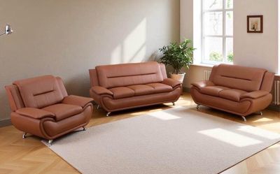Modern style brown leather three piece couch set