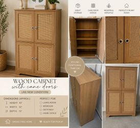 Wood Cabinet with Cane Doors – Like New