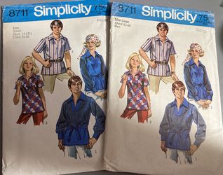 lot Of Two Vintage Mod Shirt Sewing Patterns Simplicity #8711, Sizes Small and Large