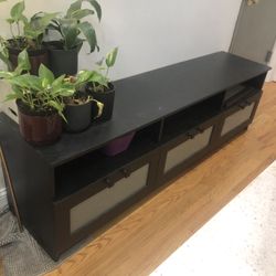 6 Foot Black Storage Bench with drawers, and shelves. 