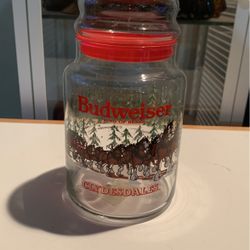 Vintage Clydesdale Budweiser 1989 Christmas Glass Jar With Glass Lid